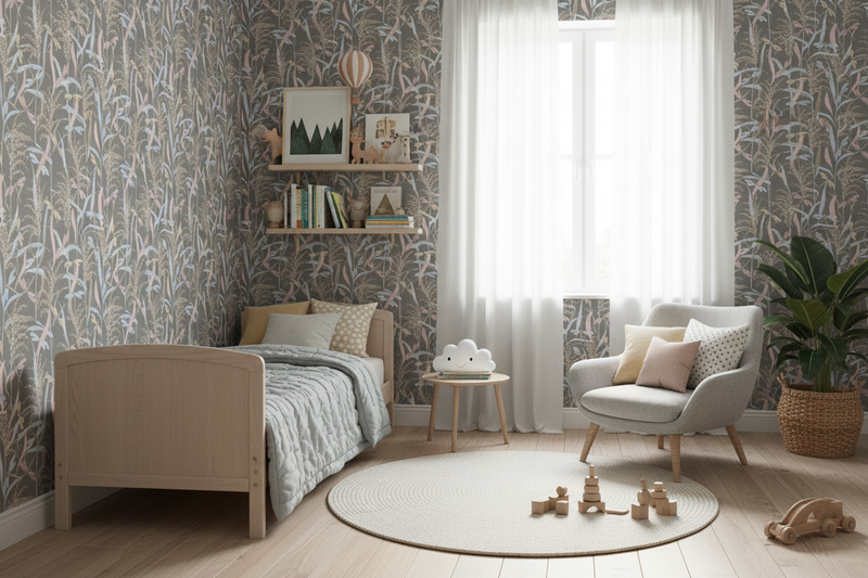 Barnrum med grå botanisk tapet