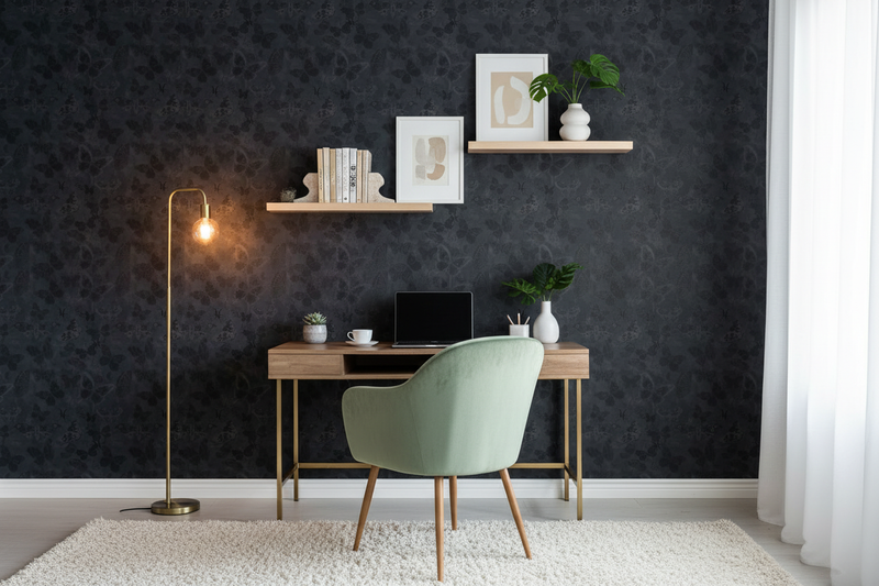 Elegant hemmakontor med mörk fjärilstapet
