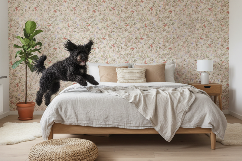 Harmoniskt sovrum med blommig tapet och lekande Puli-hund