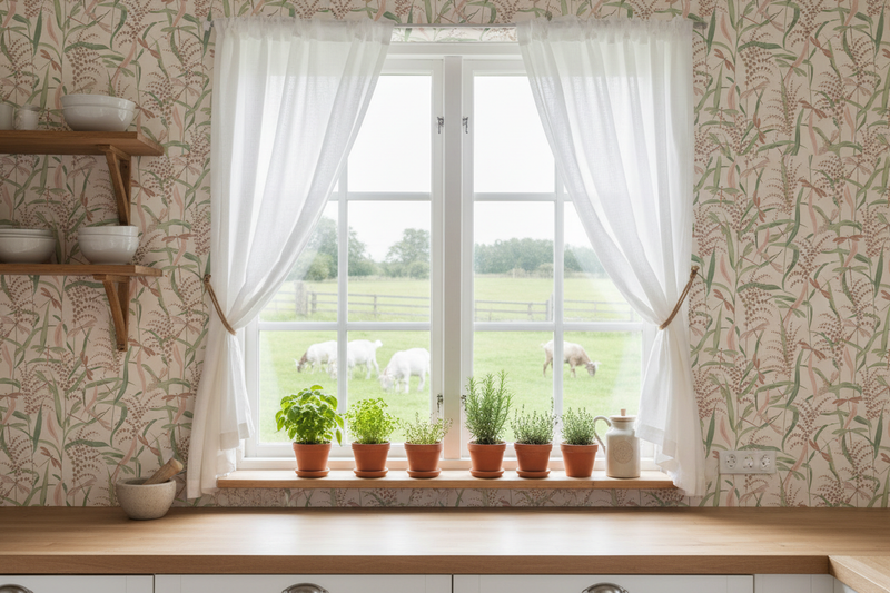 Köksfönster med botanisk tapet och getter utanför