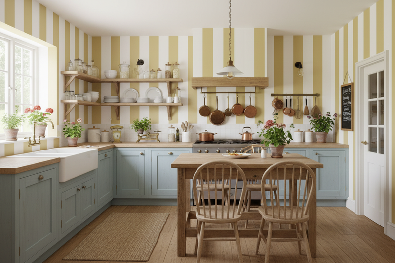Lantligt kök med gul randig tapet