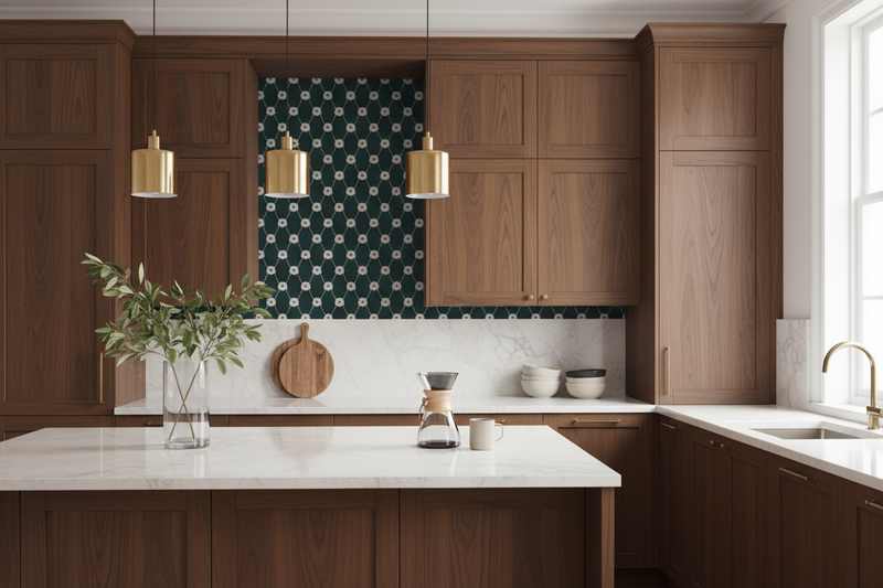 Mörkbrunt kök med Elin tapet