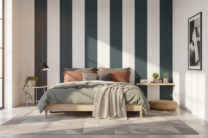 Modernt sovrum för unga vuxna med blågrå randig tapet