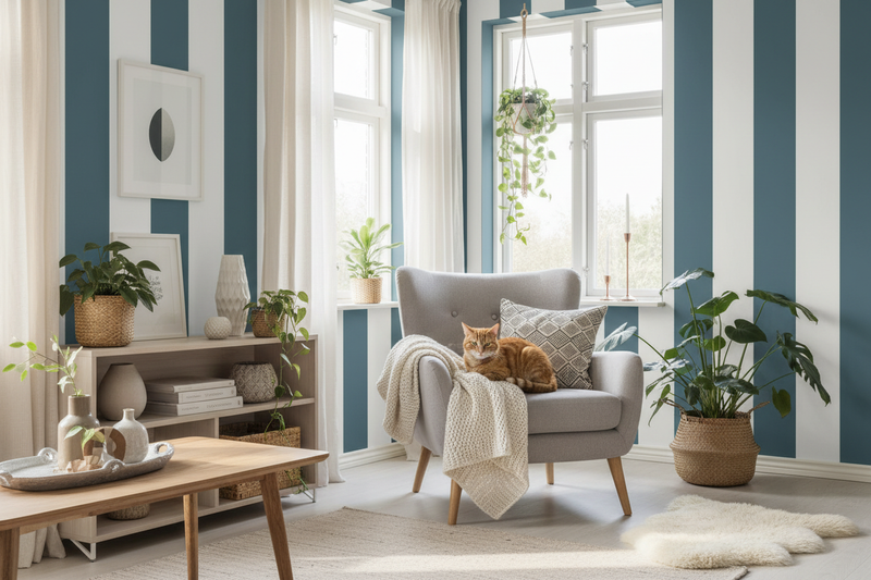 Mysigt vardagsrum med katt och petrolblå randig tapet