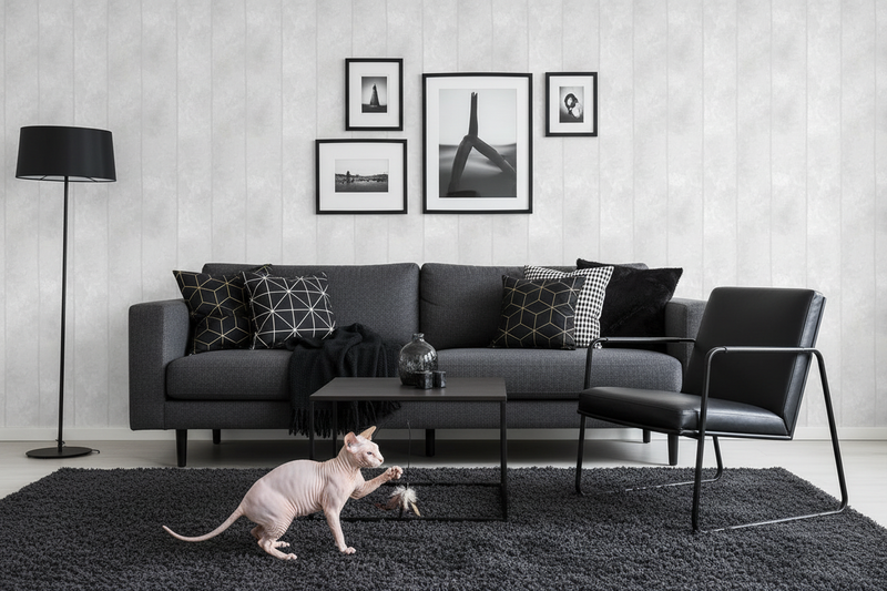 Nakenkatt med mörka detaljer och vit randig tapet