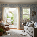 Rum med Akantusblomma tapet och utsikt mot grill