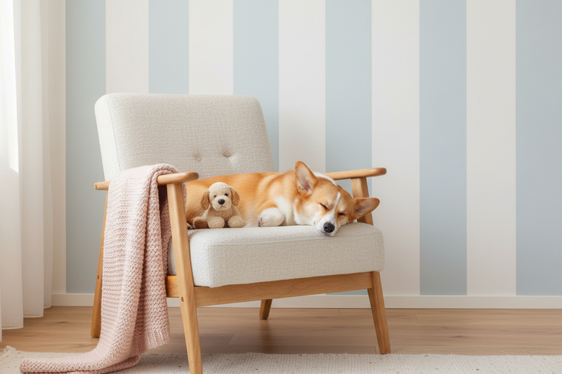 Sovande Corgi i fåtölj med gosedjur