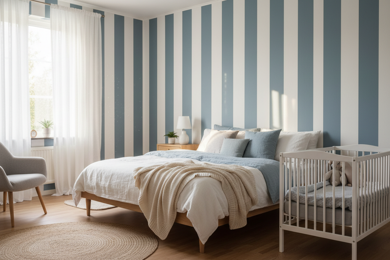 Sovrum med blågrå randig tapet och spjälsäng