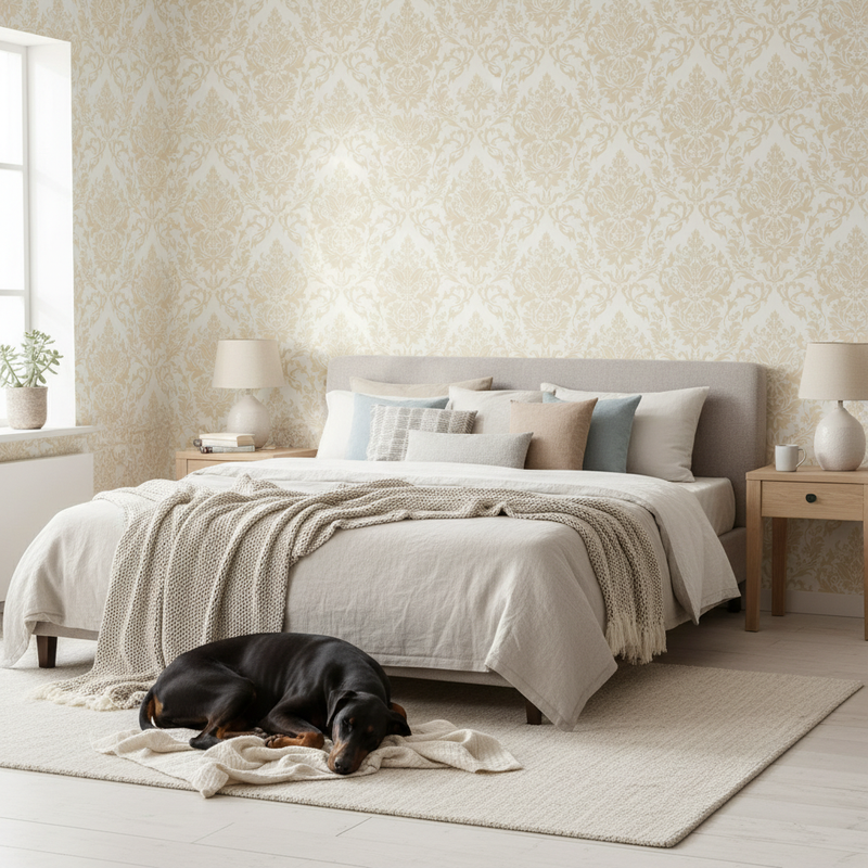 Sovrum med damasttapet och doberman