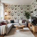 TV-rum med blommig tapet