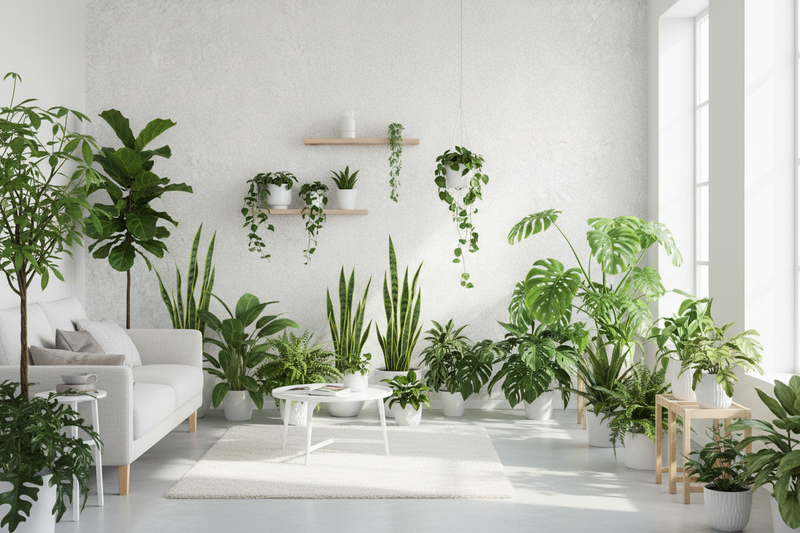 Växtfylld miljö med vit strukturtapet