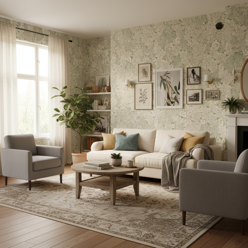 Vardagsrum med Akantusblomma tapet