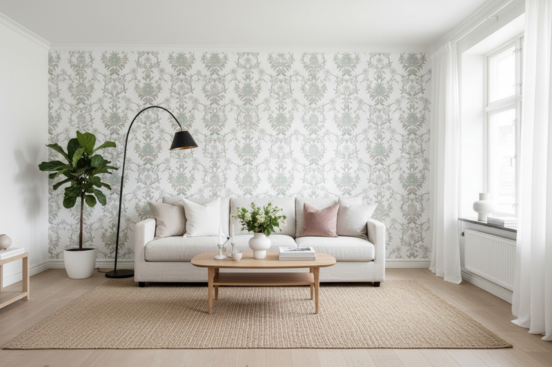 Vardagsrum med ljus damastmönstrad tapet