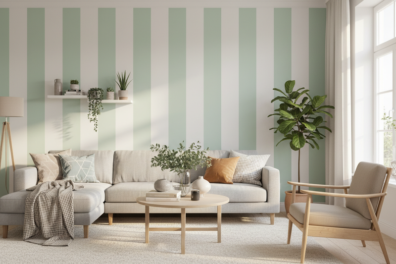 Vardagsrum med mintgrön randig tapet