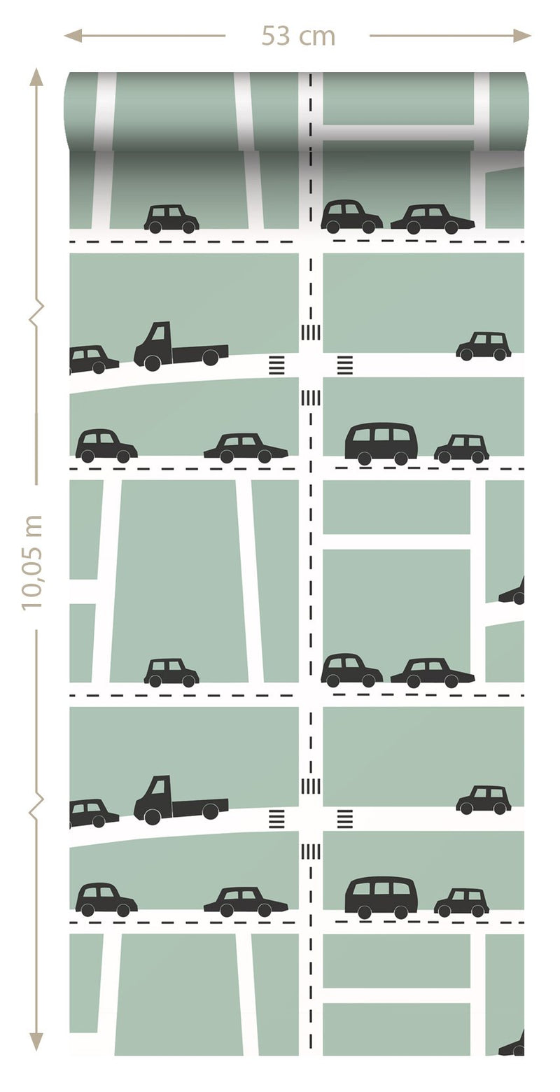 ESTAhome tapet bilar mintgrönt, svart och vitt  på Hemmavid.se